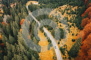 Romania autumn forest road with car passing by aerial view from a drone