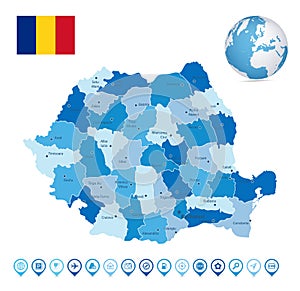 Romania Blue color map and map icons