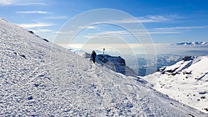 Romania, Bucegi Mountains, the hiker descend from Omu Peak.