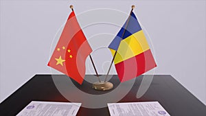 Romania and China flag. Politics concept, partner deal between countries. Partnership agreement of governments 3D