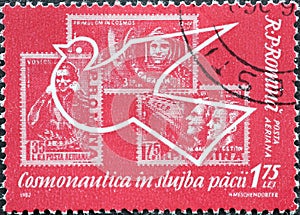 Romania - Circa 1962: a postage stamp printed in the Romania showing an airmail stamp for an exhibition: Dove and spacemen stamps