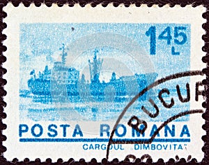 ROMANIA - CIRCA 1974: A stamp printed in Romania from the `ships` issue shows Freighter `Dimbovita`, circa 1974.