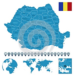 Romania - detailed blue country map with cities, regions, location on world map and globe. Infographic icons