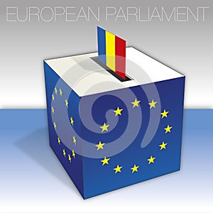 Romania, European parliament elections, ballot box and flag