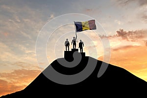 Romania flag being waved on top of a winners podium. 3D Rendering
