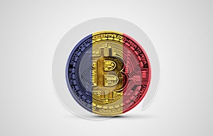 Romania flag on a bitcoin cryptocurrency coin. 3D Rendering