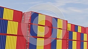 Romania flag containers are located at the container terminal. Concept for Romania import and export 3D