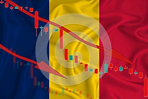 Romania flag, the fall of the currency against the background of the flag and stock price fluctuations. Crisis concept with
