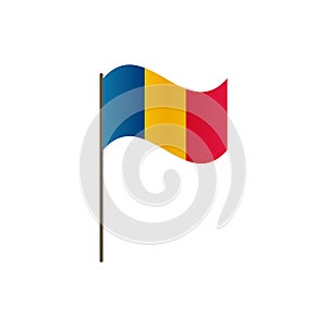 Romania flag on the flagpole. Official colors and proportion correctly. Waving of Romania flag on flagpole, vector illustration is