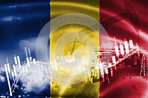 Romania flag, stock market, exchange economy and Trade, oil production, container ship in export and import business and logistics