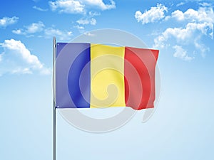 Romania flag waving sky background 3D illustration