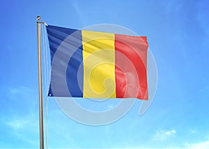 Romania flag waving sky background 3D illustration