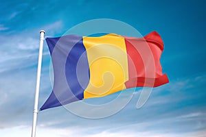 Romania flag waving sky background 3D illustration