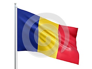 Romania flag waving on white background, close up, isolated. 3D render