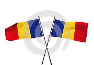 Romania flags crossed isolated on a white background. 3D Rendering
