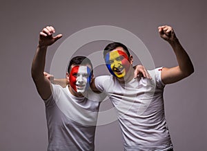 Romania and France national teams celebrate, dance and scream.