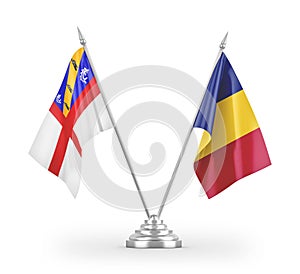 Romania and Herm table flags isolated on white 3D rendering