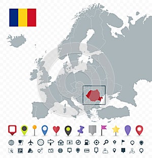 Romania location on Europe Map. Transparent background