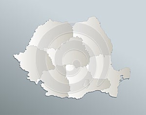 Romania map, administrative division with names, blue white card paper 3D blank