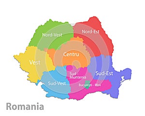 Romania map, administrative division, separate individual states with state names, color map isolated on white background