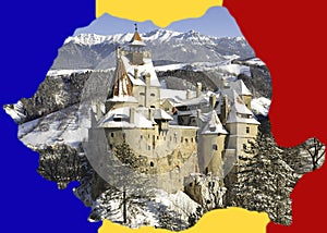 Romania Map contour with Dracula's Bran Castle