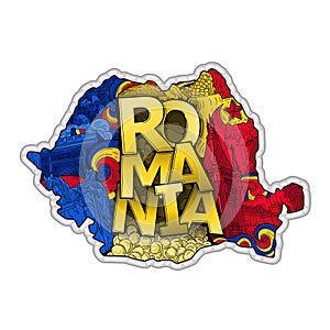 Romania map in hand drawn doodle style with main national values.