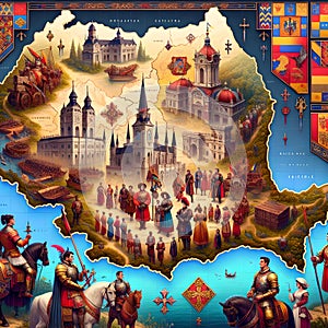 Romania map includes country outline with highlighted borders, notable buildings, battle scenes and colored coats of arms. Maps