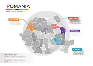 Romania map infographics vector template with regions and pointer marks