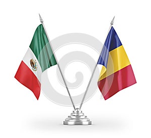 Romania and Mexico table flags isolated on white 3D rendering