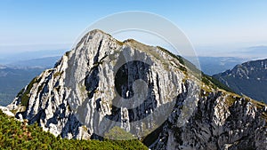 Romania, Piatra Craiului Mountains, Viewpoint from Intre Timbale Peak to Ascutit Peak.