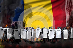 Romania police swat on city street are protecting order against revolt - protest fighting concept, military 3D Illustration on