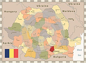 Romania Political Map Retro Colors