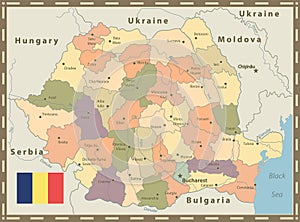 Romania Political Map Vintage Color