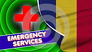 Romania Realistic Flag with Emergency Services Title Fabric Texture 3D Illustration