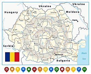 Romania Road Map and map icons