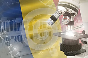Romania science development digital background - microscope on flag. Research of medicine design concept, 3D illustration of