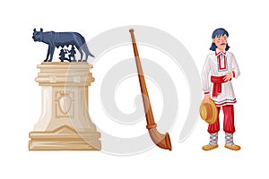 Romania Traditional Symbol with Capitoline Wolf Statue, Alphorn and Man in Ethnic Clothes Vector Set