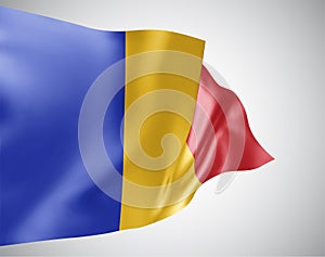Romania, vector flag with waves and bends waving in the wind on a white background