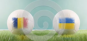 Romania vs Ukraine football match infographic template for Euro 2024 matchday scoreline announcement. Two soccer balls with