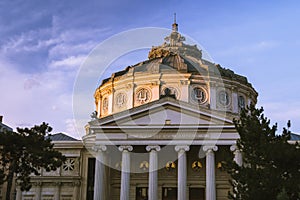 The Romanian Atheneum in sunset light. Architecture in Bucharest