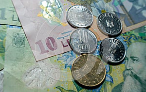 Romanian banknotes leu and coins. Economics of Eastern Europe