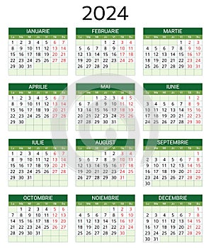 2024 romanian calendar. Printable, editable vector illustration for Romania and Moldova. 12 months year calendars photo