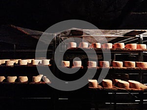 Romanian cheese Nasal on metal shelves in the grotto