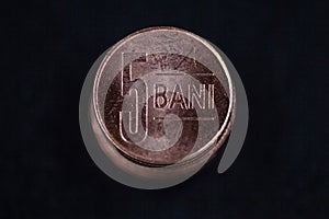 Romanian currency (Bani, RON, Romanian Leu) stockpiled per value seen from above centered on a dark background