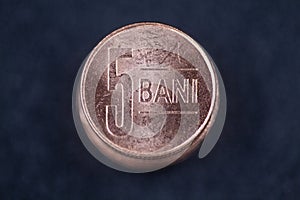 Romanian currency (Bani, RON, Romanian Leu) stockpiled per value seen from above centered on a dark background