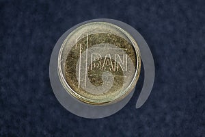 Romanian currency (Bani, RON, Romanian Leu) stockpiled per value seen from above centered on a dark background