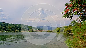 Romanian landscape with river Danube and mountains