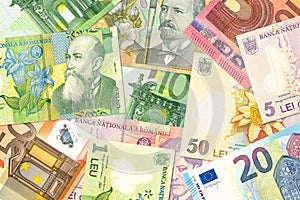 Romanian leu banknotes and euro banknotes mixed indicating bilateral economic relations
