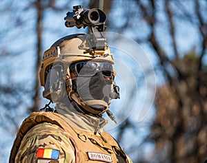 Romanian military special forces soldier equipped at national day parade in Bucharest, Romania