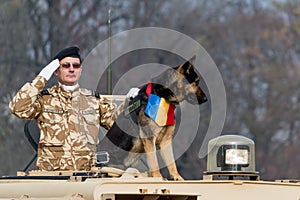 Romanian national day parade with canine unit and military salute